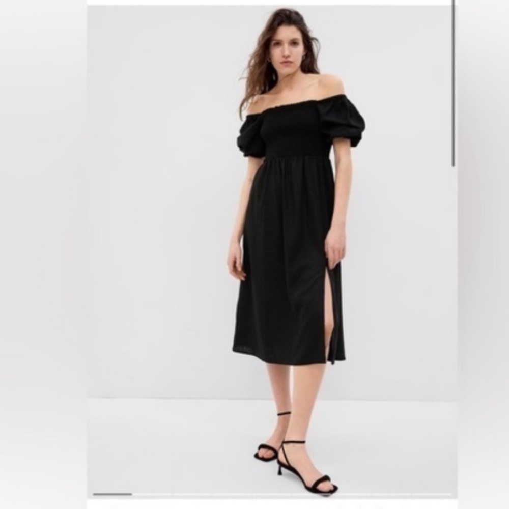 Gap Linen-Blend Puff Sleeve Midi Dress